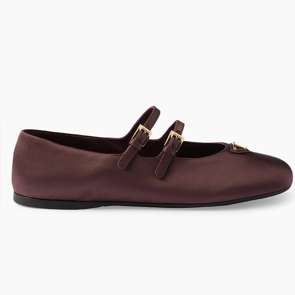 Prada Burgundy Satin Double-Strap Mary Jane Flats Gold Logo 36.5 authentic nib - Picture 2 of 11